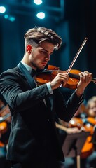 Fototapeta premium Dedicated Violinist Performing a Solo with Passionate Expression and Energetic Bowing on Stage