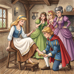 Prince fitting golden slipper on young woman's foot