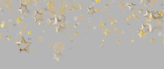 Golden stars and snowflakes on a gray background, perfect for holiday greetings and celebrations. F © vegefox.com