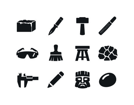 Stone Carving Icons. Stone carving. Solid icon set of stone carving: stone block, pointed chisel, hammer, rasp file, safety goggles, dust brush, carving stand,