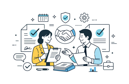Collaborative Contract Review. B2B contract management. Business professionals reviewing contracts and agreements together, calm collaboration and mutual
