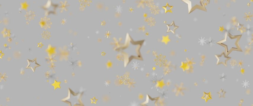 Abstract festive background with gold stars and snowflakes floating. Perfect for holiday designs, c