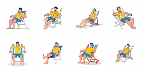 Fototapeta premium Set of 8 illustrations showing a young man relaxing in different poses on beach or deck chairs, perfect for summer vacation and leisure concepts.