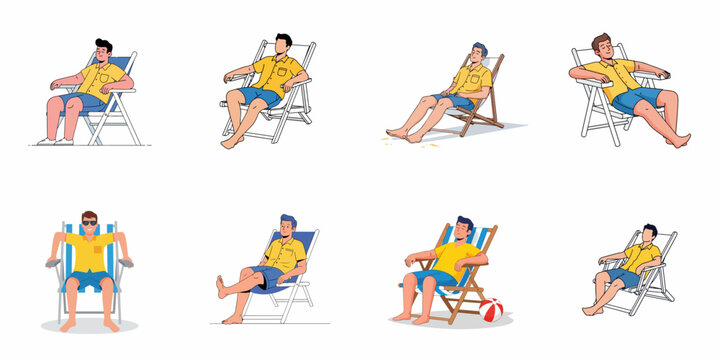 Set of 8 illustrations showing a young man relaxing in different poses on beach or deck chairs, perfect for summer vacation and leisure concepts.