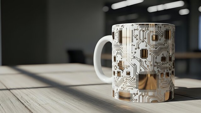 White ceramic mug with electronic circuit board pattern sits on wooden desk in modern office workspace for tech professionals and engineers.