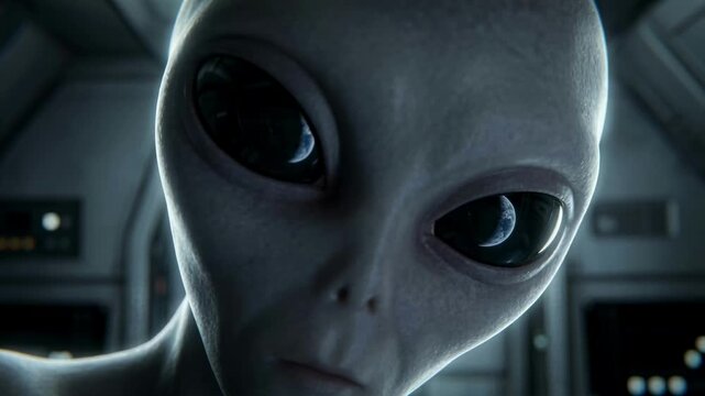 A photorealistic CGI close-up of a grey alien's face. The planet Earth is reflected in the extraterrestrial's large black eyes. Science fiction and UFO contact concept