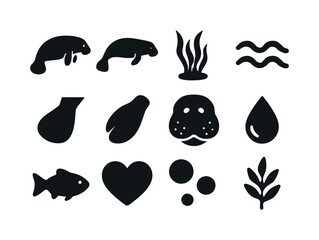 Manatee and Dugong Icons. Manatees and dugongs. Solid icon set of manatees and dugongs: manatee silhouette, dugong silhouette, sea grass, wave icon, tail
