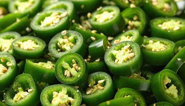 Close up vibrant green jalapeno pepper slices sprinkled with white sesame seeds creating a spicy food background with sharp focus on circular chili rings and detailed texture
