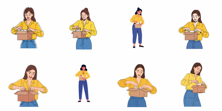 Collection of illustrations depicting women packing and unpacking cardboard boxes for e-commerce delivery, shipping, and online order fulfillment.