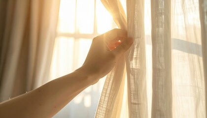 Morning Sunlight Streams Through a Gentle Hand Pulling Back Linen Curtains Revealing a Bright Window Scene