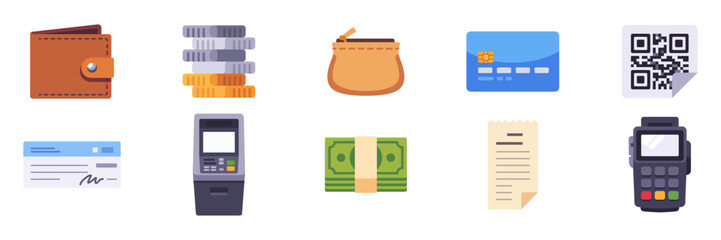 Bank payment set with finance icons collection, colorful vector flat illustrations