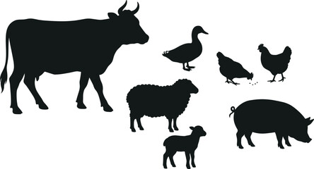 Farm animal silhouette set showing cow pig sheep chicken duck lamb isolated black livestock vector illustration collection for agriculture design © Creative Soul
