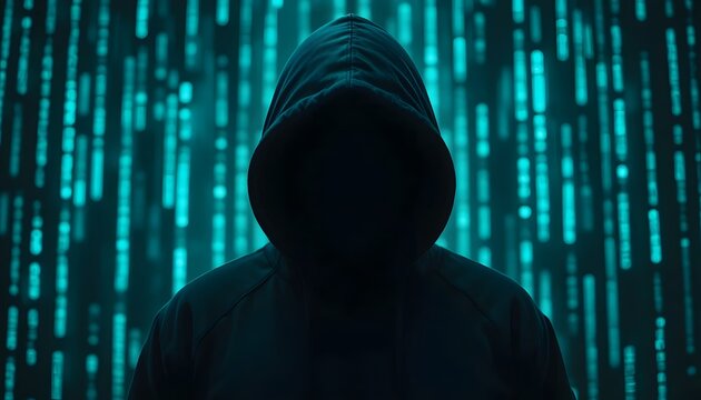 Mysterious hacker in dark hoodie surrounded by neon code - Powered by Adobe