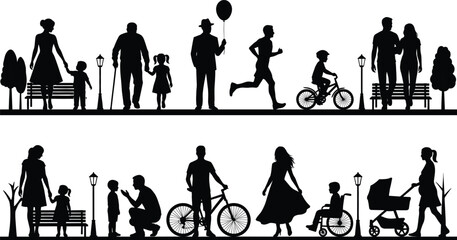 Family and people park silhouettes showing daily life activities walking cycling parenting leisure outdoor scene isolated vector illustration set