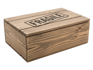 Wooden crate with fragile warning label