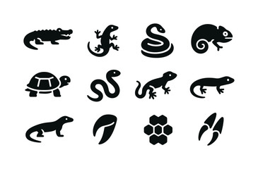 Fototapeta premium Savanna Reptile Icons. Savanna Reptiles. Solid icon set of Savanna Reptiles: crocodile, lizard, python, chameleon, tortoise, snake, gecko, skink, monitor