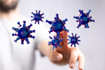 3D render of a hand touching a swarm of virus models. Healthcare and disease concept illustration, digital art