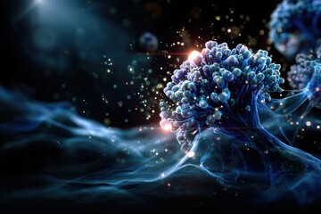 bioluminescent fungal cluster releasing glowing spores in a surreal microscopic environment, illuminated by soft cosmic light and drifting luminous particles against a dark ethereal backdrop