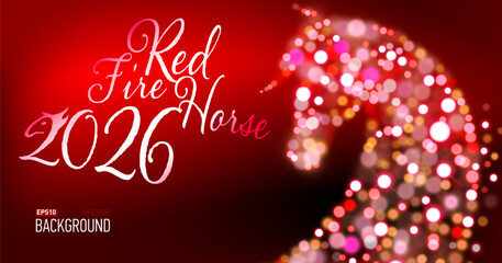 New year card for new 2026 year with red fire horse. Bokeh lights, festive atmosphere. Realistic vector. New year lettering.