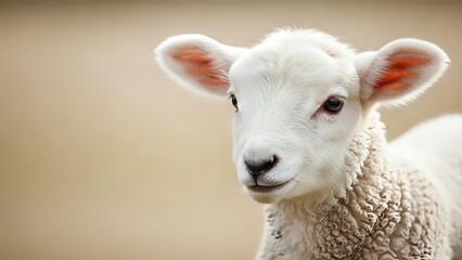 Fototapeta premium Adorable white lamb with pink ears looking at camera against soft beige background. Farm animal portrait for agricultural and pastoral themed designs.