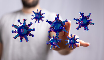 Abstract image representing coronavirus concept with hand touching digital virus cells in the air, healthcare