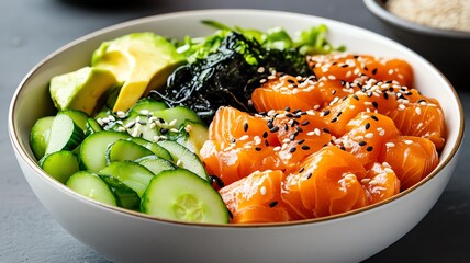 Colorful sushi bowl with fresh ingredients.