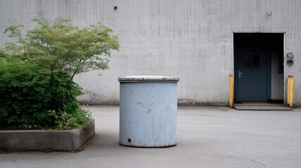 Obraz premium Empty parking lot with a concrete wall in the background. on the left side of the image, there is a small tree with green leaves and a concrete planter. next to the tree, there are two yellow poles.