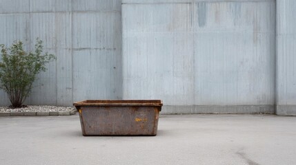 Naklejka premium Empty, rusted metal planter in front of a concrete wall. the planter is rectangular in shape and appears to be old and weathered, with peeling paint and rust visible on its surface.