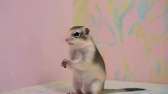 Cute Gerbil Standing on Hind Legs Against Pink Wall.