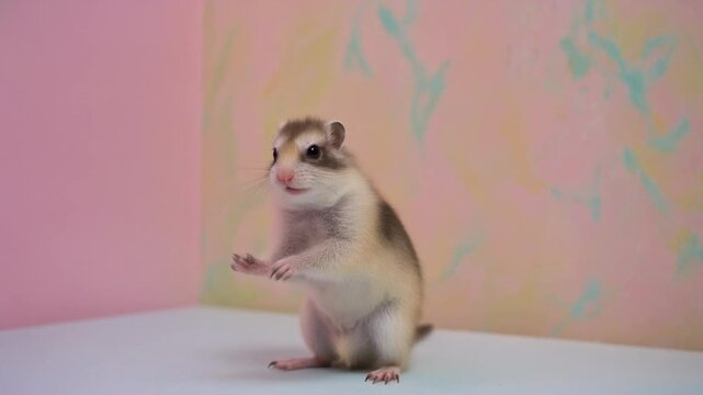 Cute gerbil standing on hind legs with paws raised in playful gesture.