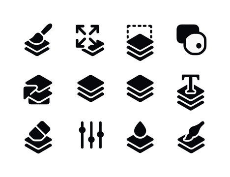 Layer Tools Icons. Layer tools. Solid icon set of layer tools: layer brush, move tool, selection tool, layer mask icon, clipping icon, gradient layer, shape