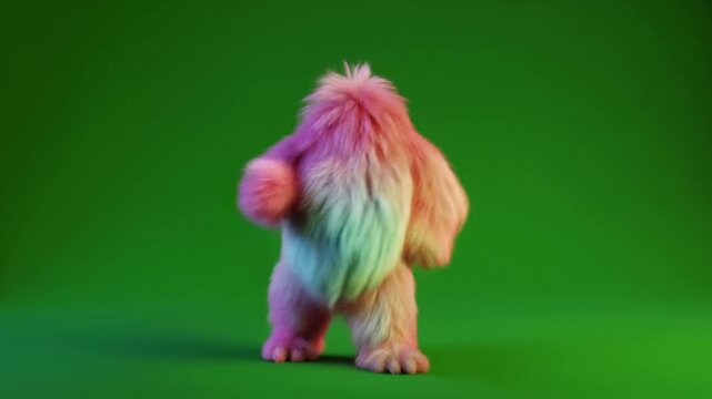 Funny Colorful Furry Monster Dancing on a Green Screen Background.
