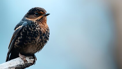 Small songbird with speckled brown plumage perched on branch against soft blue sky background. Wildlife photography capturing natural bird behavior outdoors.