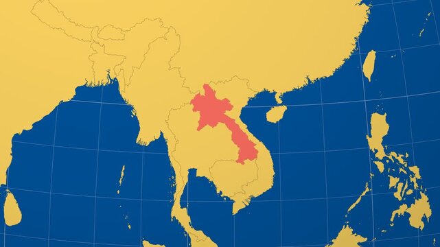 Laos on Globe. Animated zoom into the country in Ocean Blue Golden Yellow color palette. Laos logo animation. Map with meridians, parallels. Classy video.