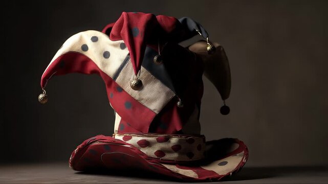 Colorful hat with jester design placed on a plain surface in soft light indoors during the day