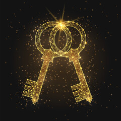 Two interlocking golden wireframe keys glowing on dark background with sparkles. This futuristic illustration represents a successful deal, secure access, unlocked potential, and professional partners