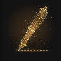 Premium golden wireframe pen signing a digital line on black background. This futuristic illustration symbolizes a closed deal, legal agreement, executive signature, and professional contract finaliza
