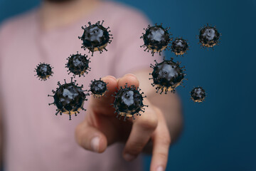 3D render illustration of viruses touching finger with floating particles as a medical and healthcare concept.