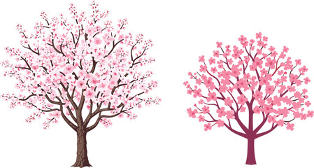 Fototapeta premium Beautiful Cherry Blossom Trees Illustration with Pink Flowers and Branches, Spring Floral Vector Art for Nature, Garden, and Seasonal Decor.