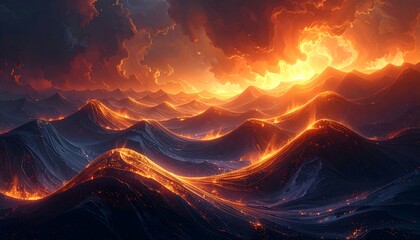 A surreal oceanic landscape under a fiery sky. Waves roll, reflecting fiery hues, evoking a dramatic, apocalyptic atmosphere