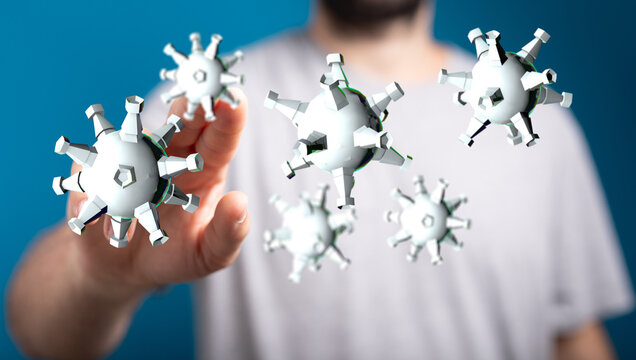 Abstract 3D rendered illustration of virus particles in contact with a human hand representing spread and prev