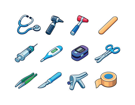 Doctor's Tools Icons. Doctor?s tools. Colorful isometric vector icons set of doctor?s tools: stethoscope, otoscope, reflex hammer, tongue depressor, syringe,