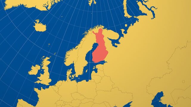 Finland on Globe. Animated zoom into the country in Ocean Blue Golden Yellow color palette. Finland logo animation. Map with meridians, parallels. Vibrant video.