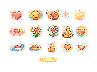 Fototapeta premium Warm-Hearted Icons Set. Warm-Hearted Feelings. Colorful isometric vector icons set of Warm-Hearted Feelings: glowing heart, warm smile, comforting hands,
