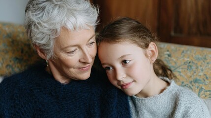 Elderly woman and a young girl sitting on a couch. the woman is on the left side of the image, with her head resting on the armrest of the couch and her eyes closed.
