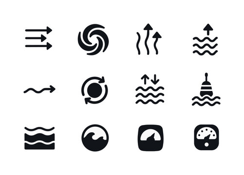 Ocean Current Icons. Ocean currents. Solid icon set of ocean currents: current arrows, gyre swirl, thermal flow, upwelling icon, deep current path, eddy