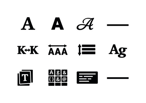 Typography Icons Grid. Typography basics. Solid icon set of typography basics: serif icon, sans-serif icon, script icon, baseline line, kerning icon, tracking