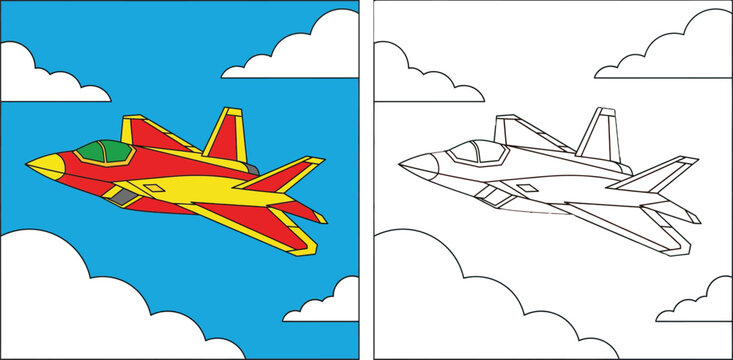 Coloring book page of cartoon military fighter jet flying in blue sky with clouds. Vector illustration with color sample and outline for kids education and activity.