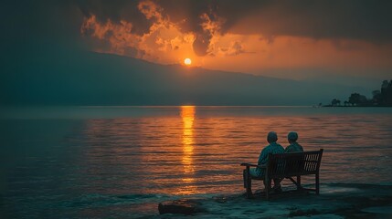 Fototapeta premium Romantic couple sitting on wooden bench watching golden sunset over calm lake water with dramatic orange clouds reflecting on surface creating peaceful evening atmosphere.