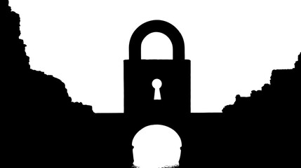 A lock silhouette above a bridge with rugged, mountainous sides. Simple, black and white image